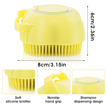 Dog Cat Bath Brush, Dog Shampoo Brush Silicone Puppy Massage Brush Hair Fur Grooming Cleaning Brush Soft Shampoo Dispenser (Yellow New)