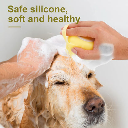 Dog Cat Bath Brush, Dog Shampoo Brush Silicone Puppy Massage Brush Hair Fur Grooming Cleaning Brush Soft Shampoo Dispenser (Yellow New)