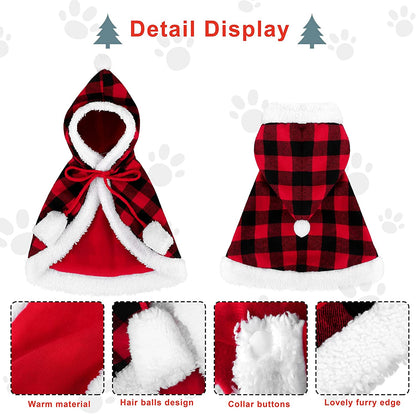 Red and Black Buffalo Plaid Christmas Cat Dog Costume with Santa Cape, Hat, Collar, Bell, and Bowtie - Medium