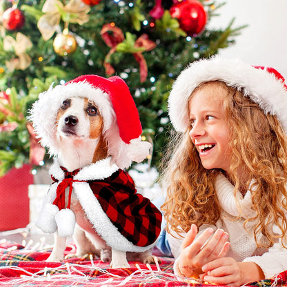 Red and Black Buffalo Plaid Christmas Cat Dog Costume with Santa Cape, Hat, Collar, Bell, and Bowtie - Medium