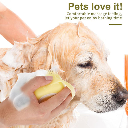Dog Cat Bath Brush, Dog Shampoo Brush Silicone Puppy Massage Brush Hair Fur Grooming Cleaning Brush Soft Shampoo Dispenser (Yellow New)