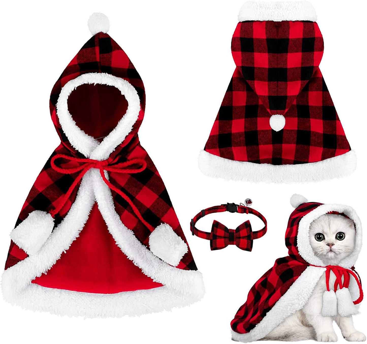 Red and Black Buffalo Plaid Christmas Cat Dog Costume with Santa Cape, Hat, Collar, Bell, and Bowtie - Medium